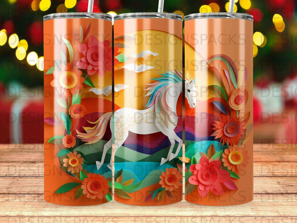 Horse with floral and sun design on a patterned tumbler.