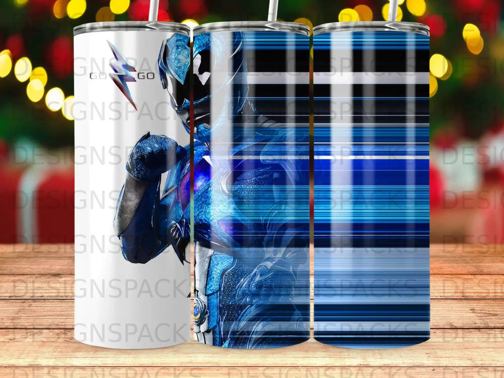 Blue superhero in suit with striped background on tumbler.
