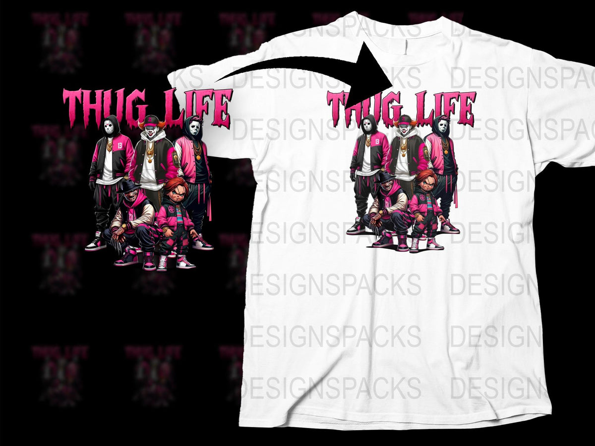 Thug Life Graphic T-Shirt, Urban Streetwear, Hip Hop Fashion, Cool Men's Tee, Pink and Black Design, Trendy Casual Wear