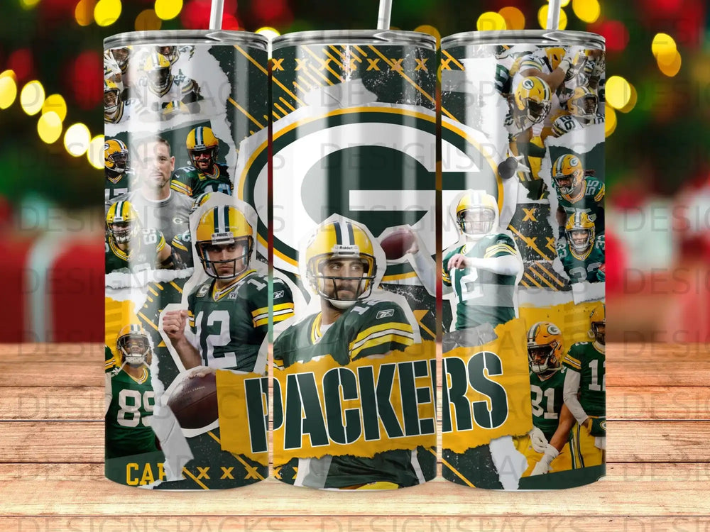 Green Bay Packers football player Aaron Rodgers and team logo on a tumbler.