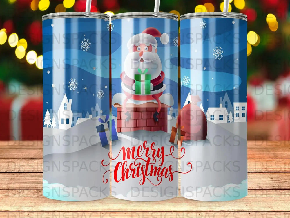 Tumbler with Santa, presents, and "Merry Christmas" text.