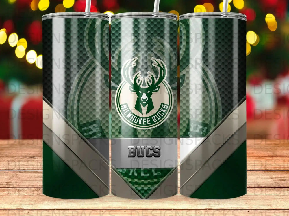 Milwaukee Bucks logo and honeycomb pattern on three tumblers.