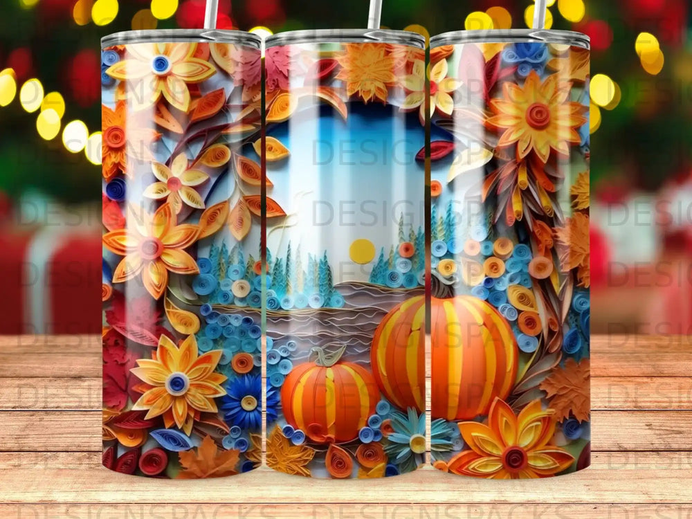 Autumn fall leaves, pumpkins, and a lake scene wrap around a tumbler.