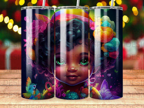 Illustration of a child with colorful decorations and butterflies.