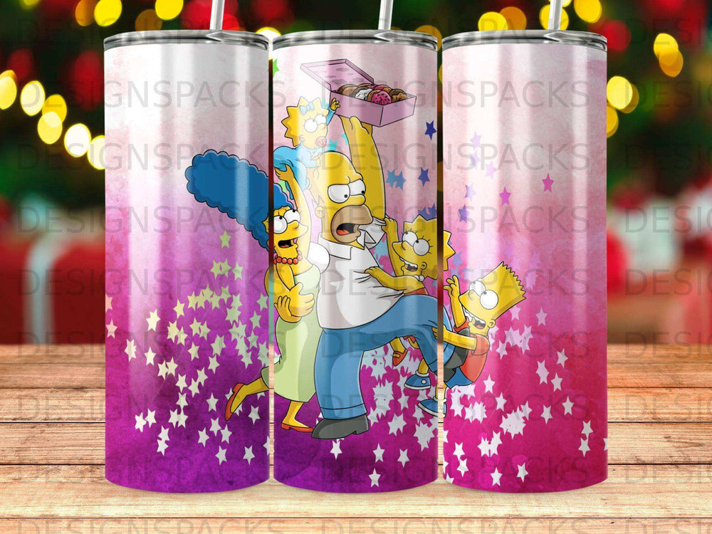The Simpsons characters Marge, Homer, Bart, and Lisa celebrate with donuts.