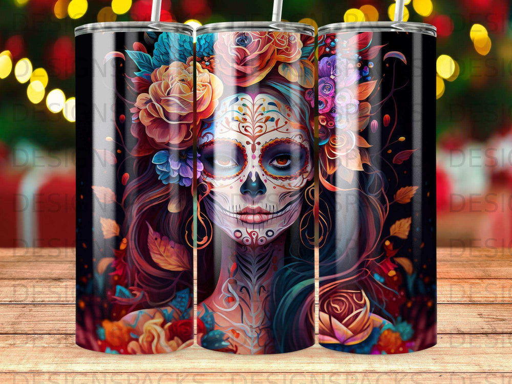 Day of the Dead skull woman with colorful flowers and festive lights.