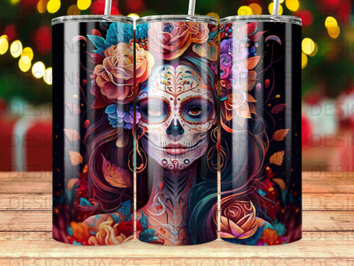 Day of the Dead skull woman with colorful flowers and festive lights.