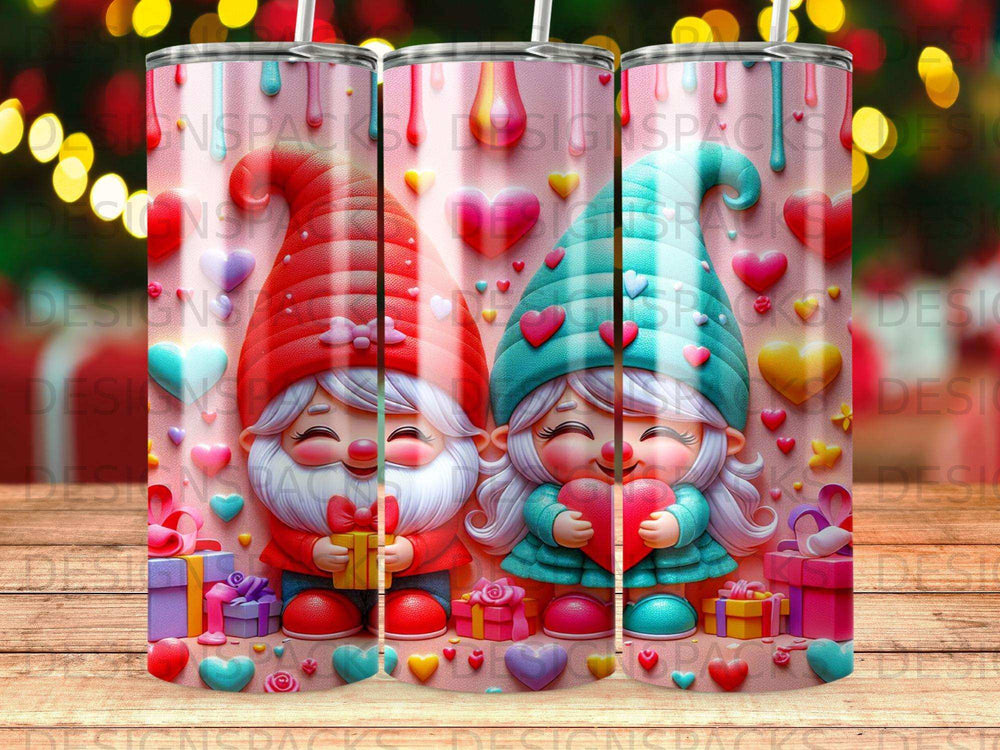 Two gnomes in red and green hats hold hearts, surrounded by gifts and hearts.