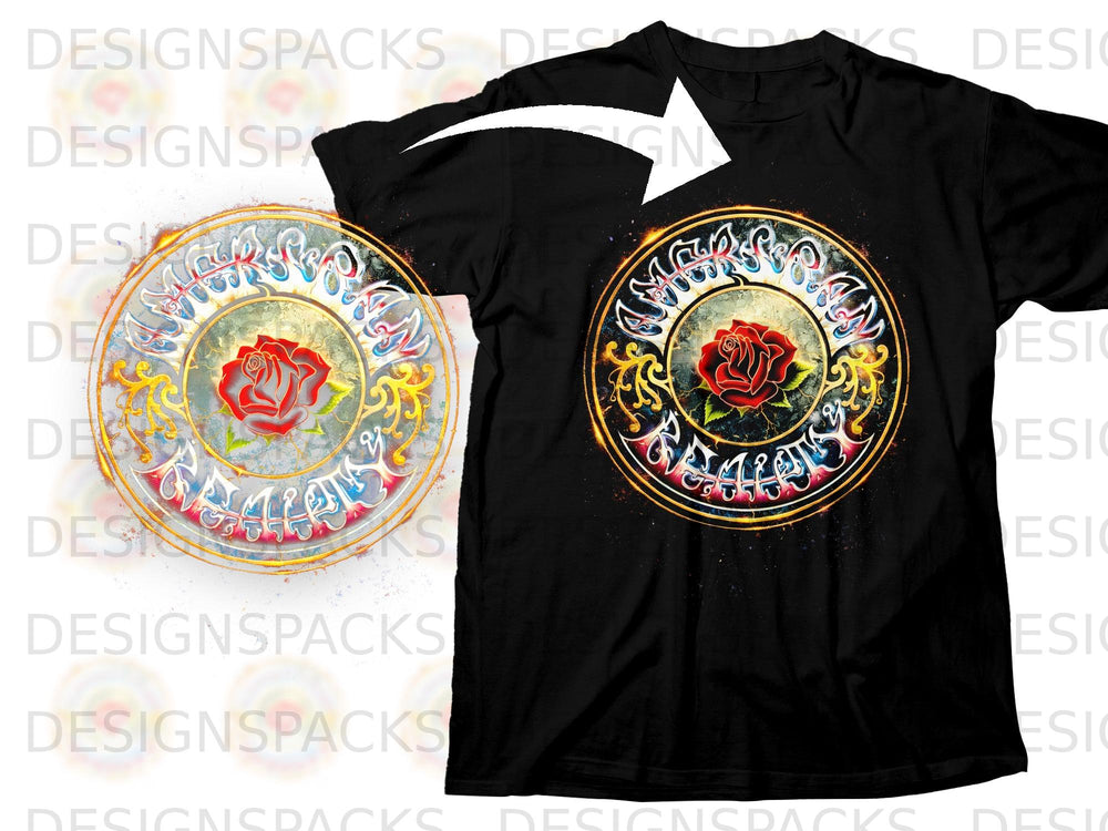 Black t-shirt with circular design featuring a red rose and colorful lettering.