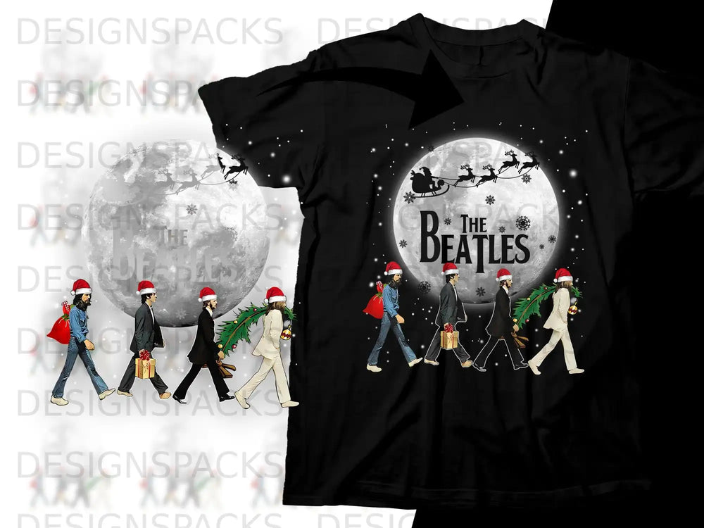 Beatles silhouettes cross a moonlit road with Santa's sleigh in the sky.