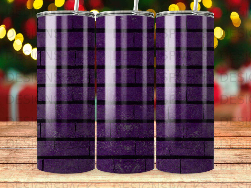 Purple plaid tumbler with horizontal and vertical dark lines on a brick-like texture.