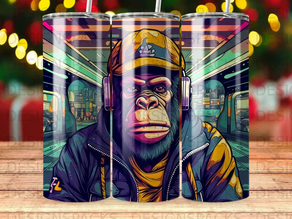 Gorilla wearing headphones and a yellow cap, in a subway or train car.