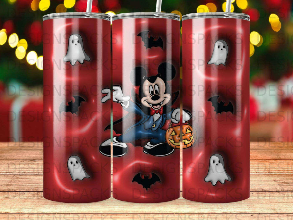 Mickey Mouse in a vampire costume holding a jack-o'-lantern.