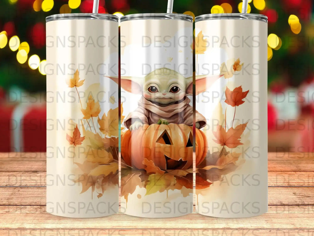 Baby Yoda character on a pumpkin, with autumn leaves and a watermark.