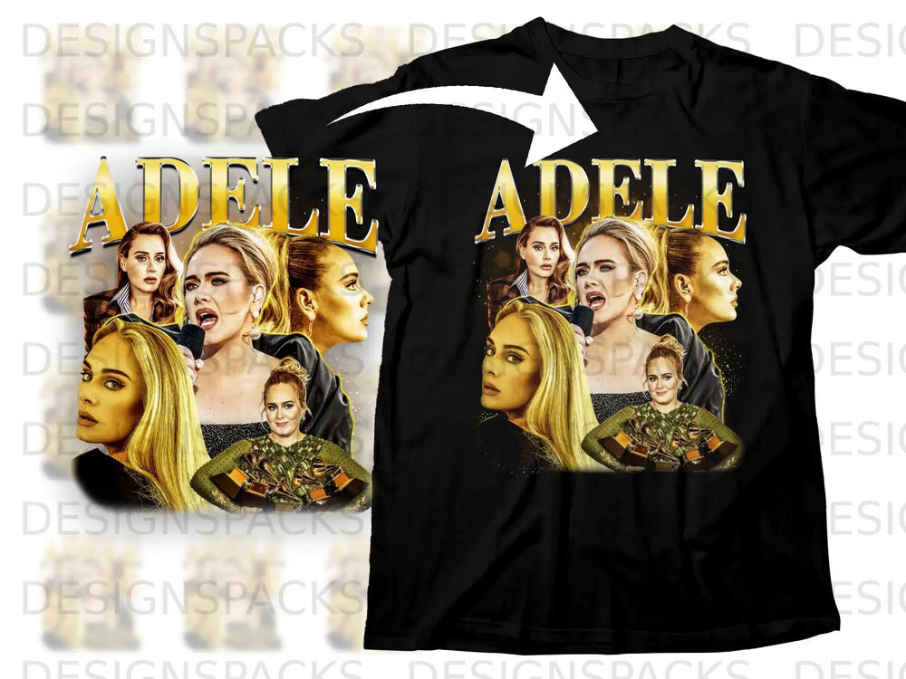 Black t-shirt featuring a collage of Adele's face with text overlay.