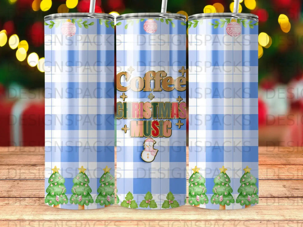 Blue plaid tumbler with "Coffee Christmas Music" and festive trees.