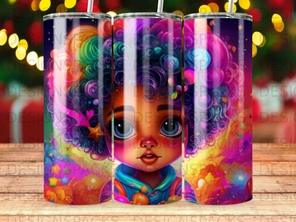 Cartoon child with colorful curly hair and starry decorations.