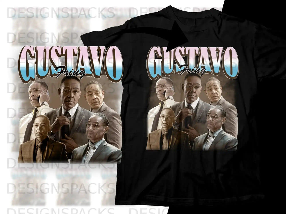T-shirt graphic with Gus Fring depicted in multiple poses and colors.