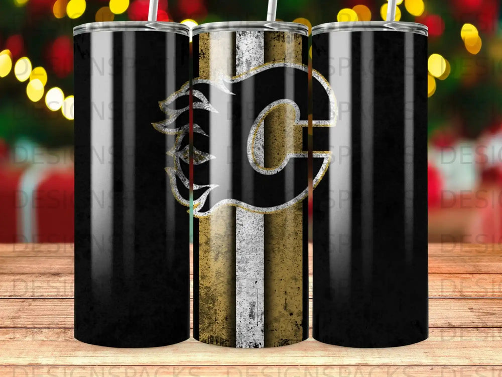 Calgary Flames logo on a black and gold striped tumbler.