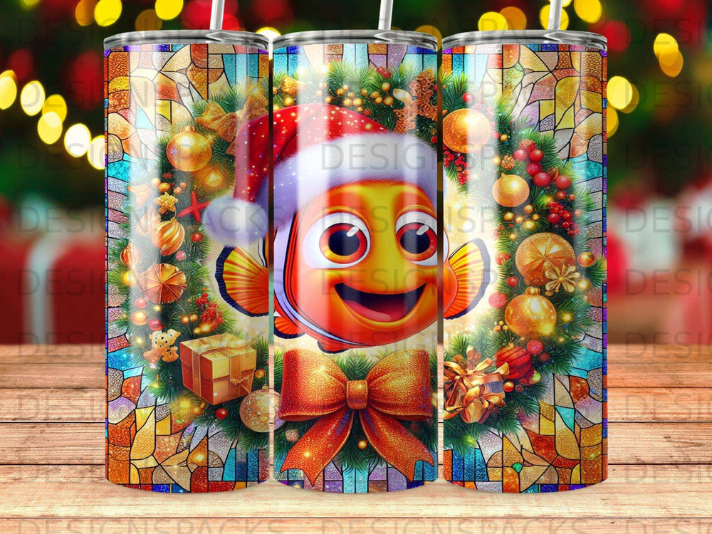 Nemo the clownfish in a Santa hat with Christmas wreath and gifts.