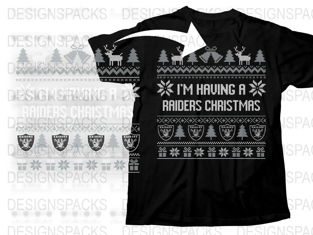 Raiders Christmas T-Shirt, Holiday Graphic Tee, Festive Winter Apparel, Unisex Black Shirt with Snowflakes and Reindeer Pattern