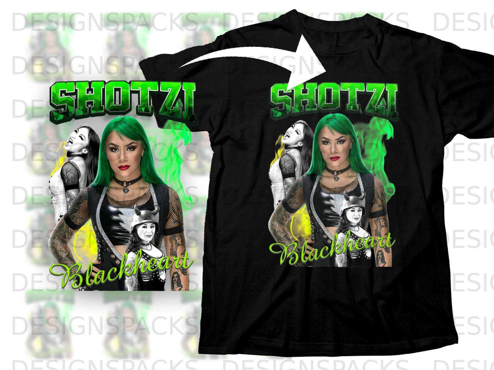 Blackheart Shotzi t-shirt design with flame graphics.