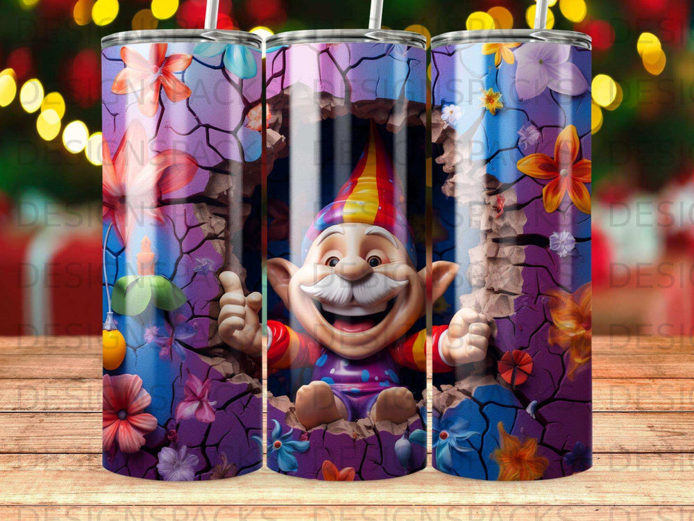 Cheerful gnome in colorful clothes peeking through cracked wall with flowers.