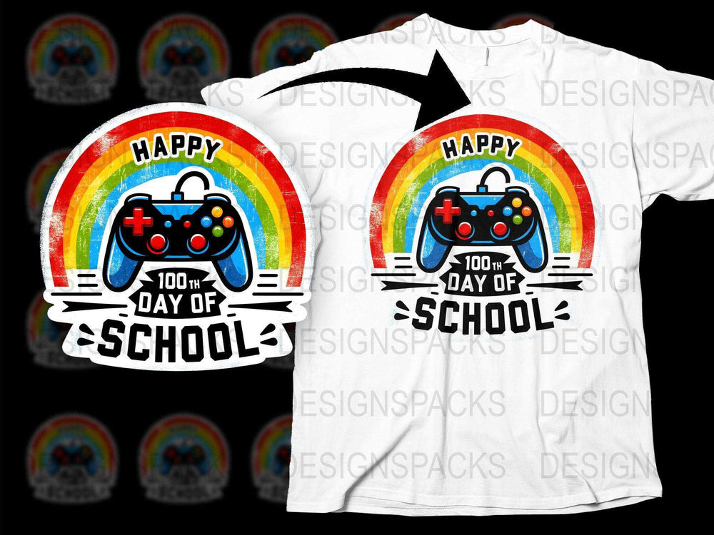 Happy 100th Day of School T-Shirt, Rainbow and Game Controller Design, Colorful Kids Tee, Celebratory School Event Shirt