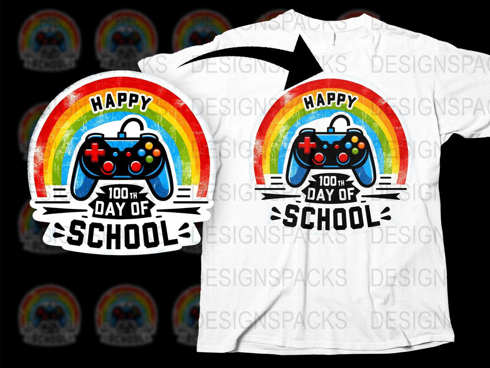 Happy 100th Day of School T-Shirt, Rainbow and Game Controller Design, Colorful Kids Tee, Celebratory School Event Shirt