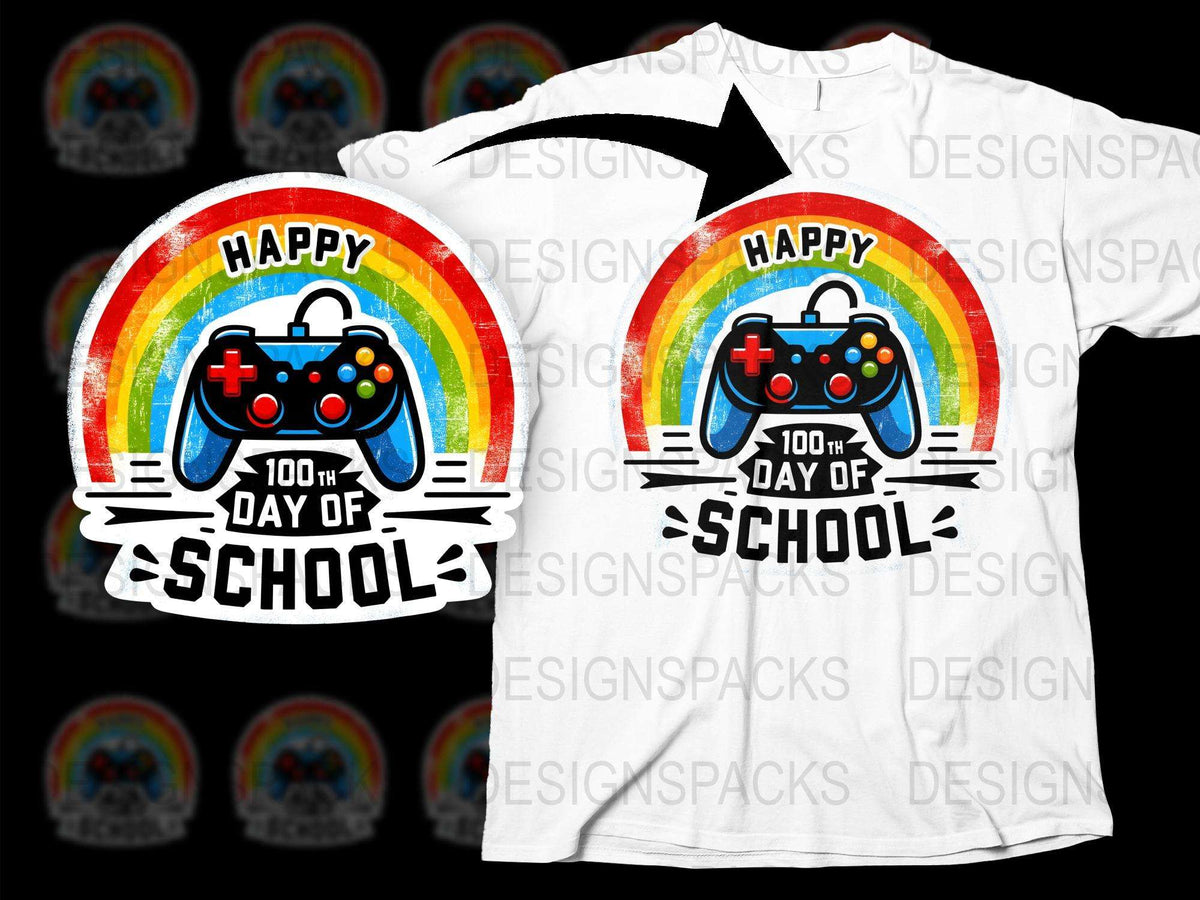 Happy 100th Day of School T-Shirt, Rainbow and Game Controller Design, Colorful Kids Tee, Celebratory School Event Shirt
