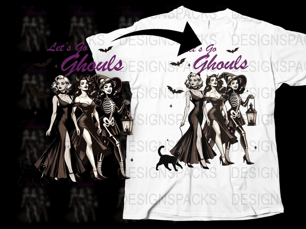 Halloween Themed T-Shirt, Vintage Inspired Let's Go Ghouls Design, Retro Female Ghosts and Cat Graphic Tee