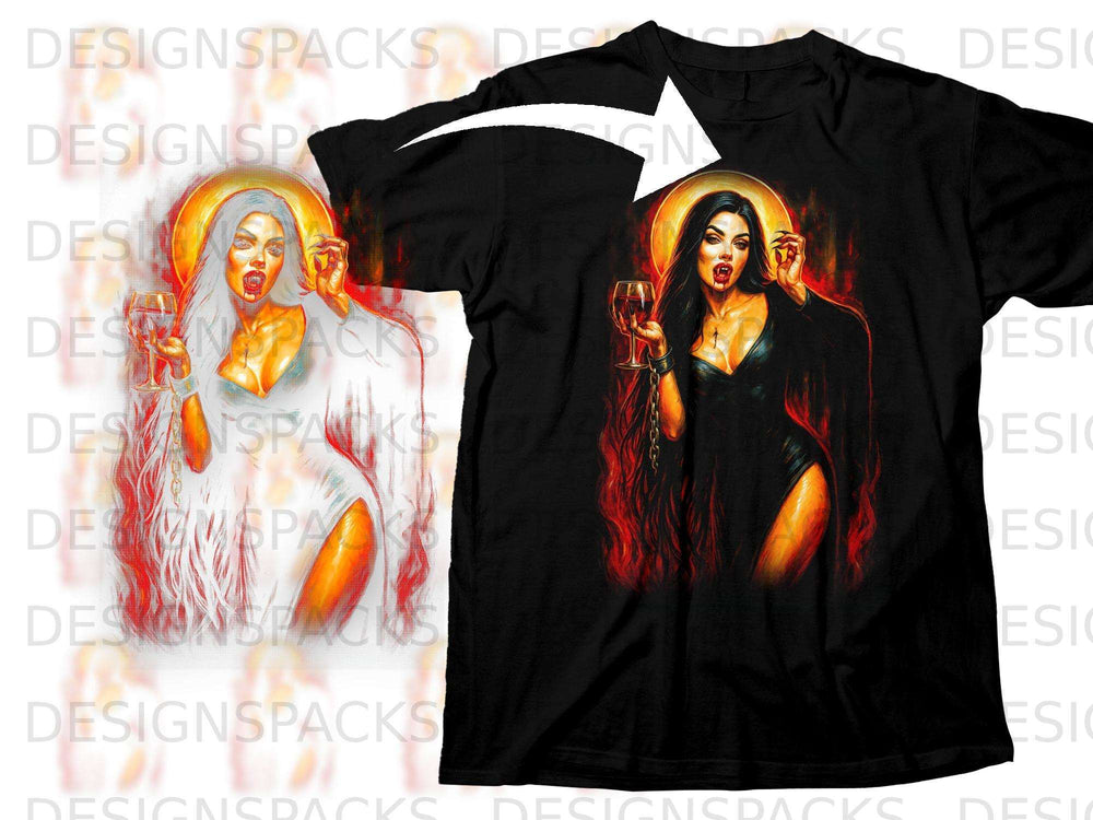 Vampire woman with blood and wine glass on black t-shirt.