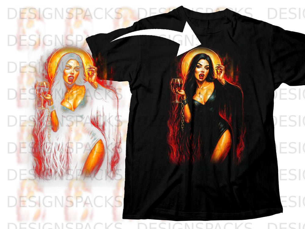 Vampire woman with blood and wine glass on black t-shirt.