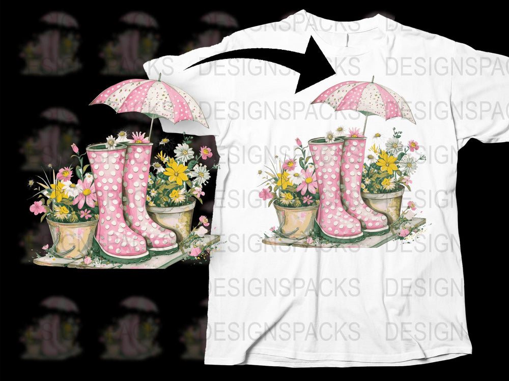 Floral Rain Boots Umbrella Spring Flowers Graphic T-Shirt, Women's Fashion Casual Tee, Unique Print Top