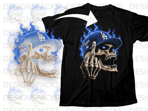 Black t-shirt with a skeletal skull wearing a Dodgers cap with blue flames.