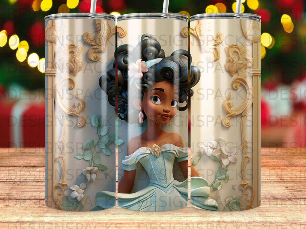Cartoon princess with dark curly hair in a light blue dress.