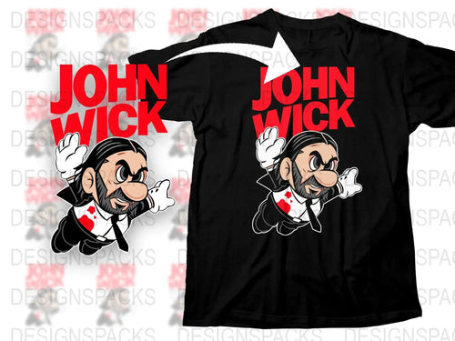 John Wick Cartoon Character Black T-Shirt, Funny Action Movie Parody Tee, Unisex Adult Sizes