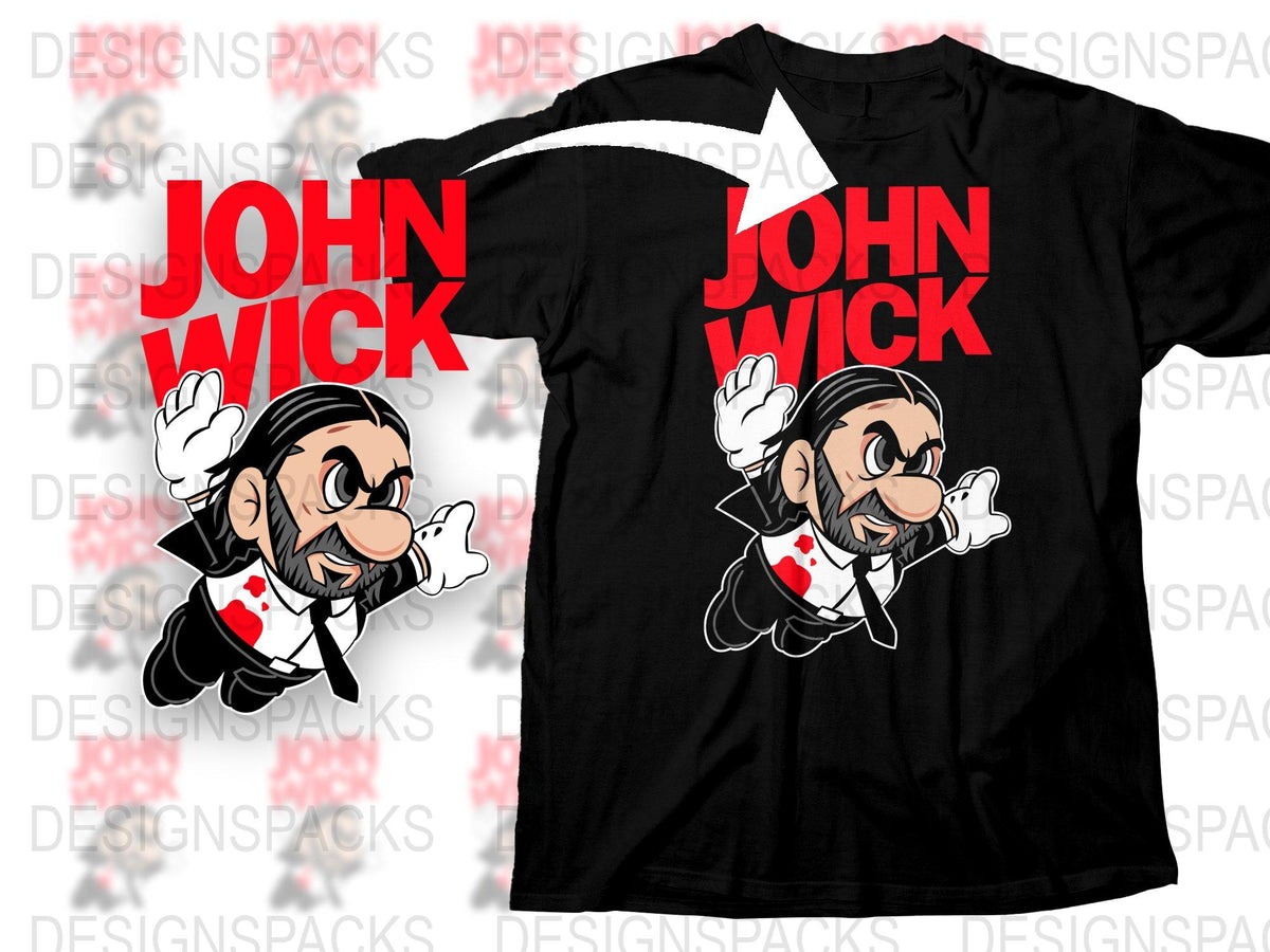 John Wick Cartoon Character Black T-Shirt, Funny Action Movie Parody Tee, Unisex Adult Sizes