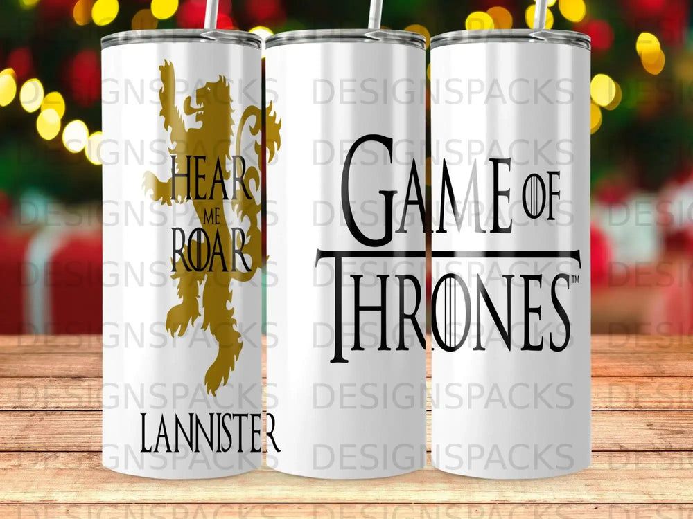 Game of Thrones Lannister tumbler with lion sigil and roaring lion emblem.