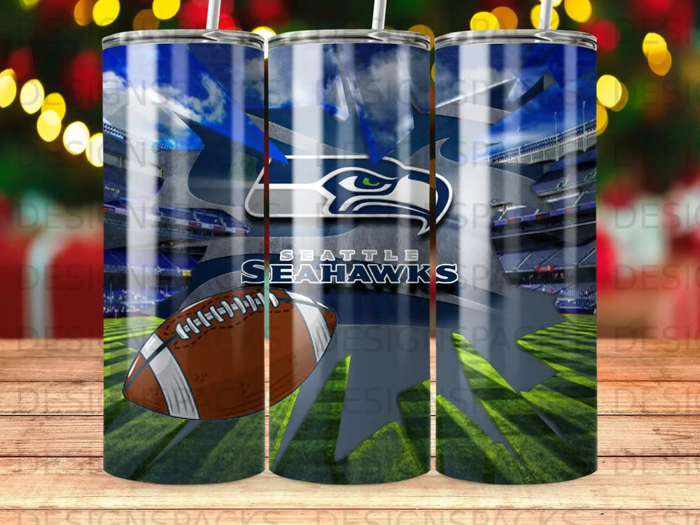 Seattle Seahawks stadium scene with football and team logo.