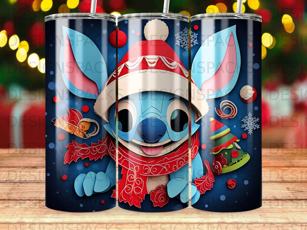 Blue Stitch character in a Santa hat and scarf, with a Christmas tree ornament.