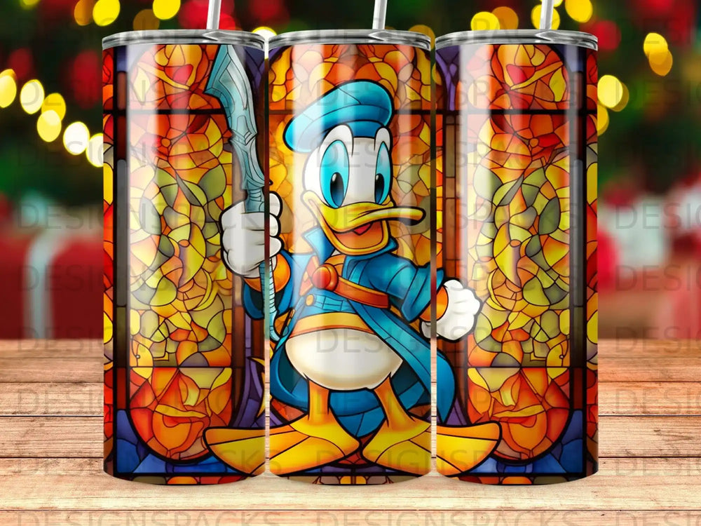 Donald Duck in stained glass style on a tumbler with colorful bokeh background.