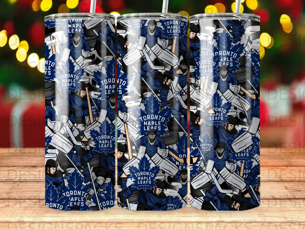Toronto Maple Leafs hockey players pattern on a blue tumbler.