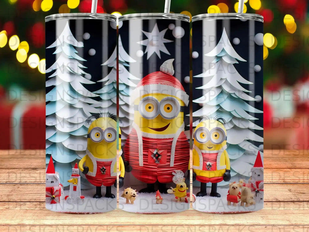 Minions in Santa hats and red outfits stand in a snowy forest with Christmas trees.