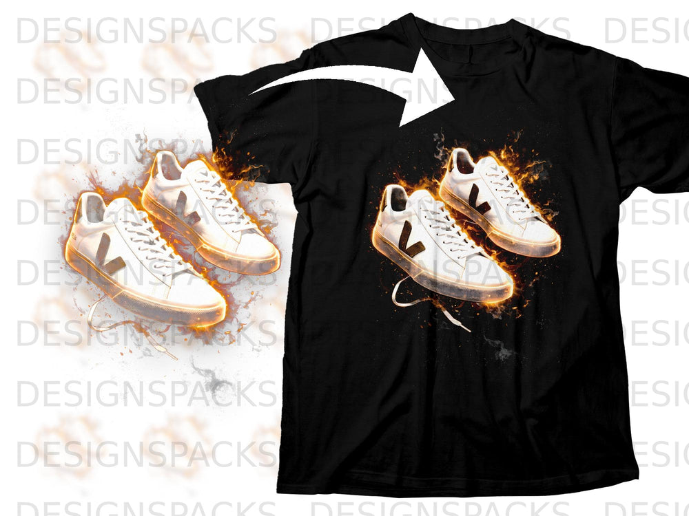 Black t-shirt with a graphic of two white sneakers surrounded by flames.