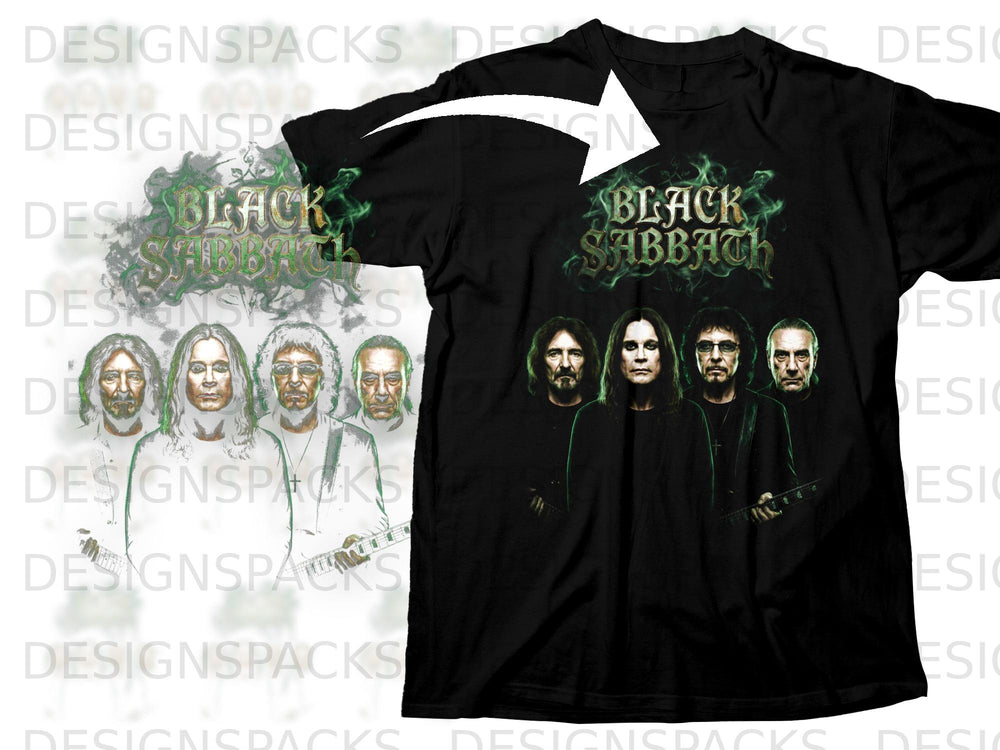 Black Sabbath band graphic with green flames on a black t-shirt.
