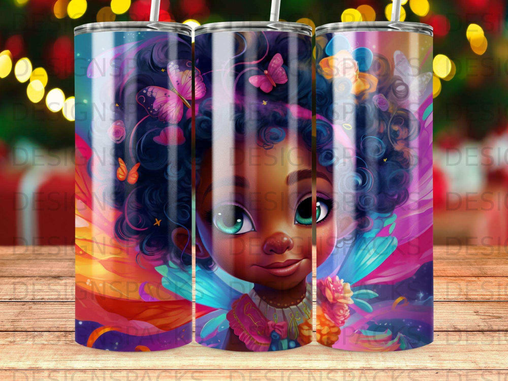 Fairy girl with colorful wings and butterflies, on a tumbler wrap.