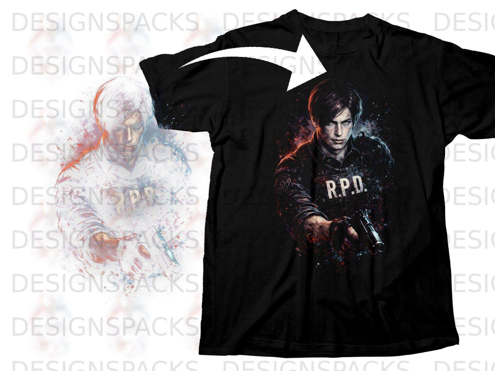 Black t-shirt with watercolor-style art of Leon Kennedy, R.P.D. uniform, holding a gun.