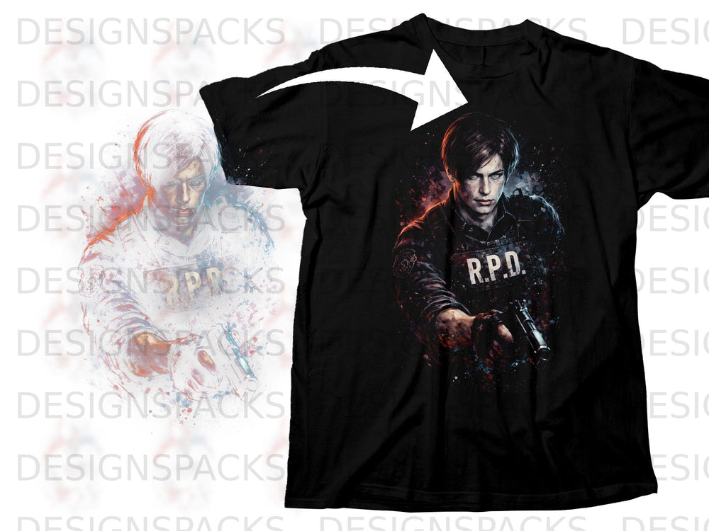 Black t-shirt with watercolor-style art of Leon Kennedy, R.P.D. uniform, holding a gun.