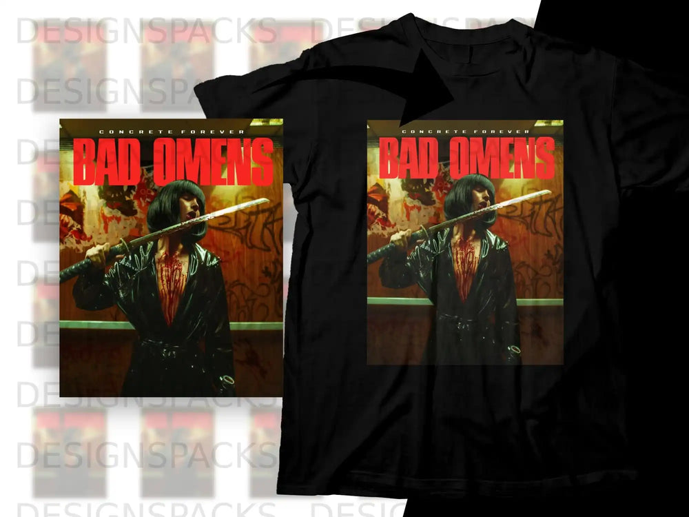 Black t-shirt featuring "Bad Omens" album art with a person holding a sword.